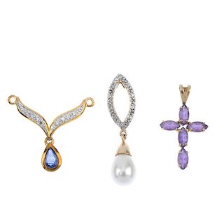 A selection of six diamond and gem-set pendants. To include a diamond marquise-shape pendant with im