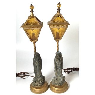 Pr Asian Style Metal and Slag Glass Lamps