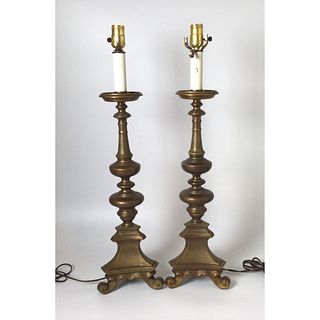Pr Large Brass Candlestick Table Lamps