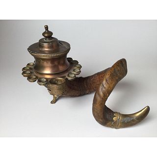 Brass Mounted Rams Horn Inkwell Dated 1899