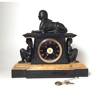 Egyptian Revival Slate & Marble Mantle Clock with Bronze Figures 