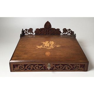 Italian Fretwork Satinwood Inlaid Lap Desk Adorned with Winged Putti