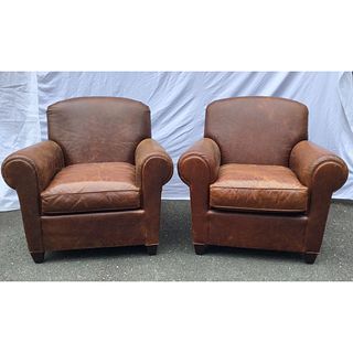 Pair Brown Leather Club Chairs