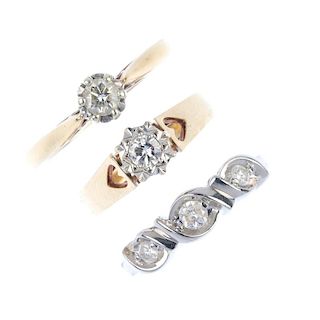 A selection of three diamond rings. To include two 9ct gold illusion-set diamond single-stone rings,