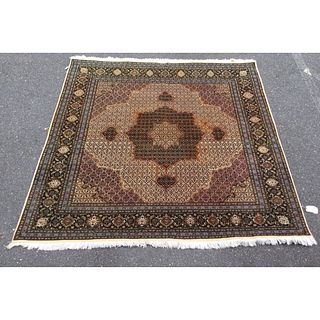 Square Handmade Fine Persian Tabriz Rug Ivory and Brown