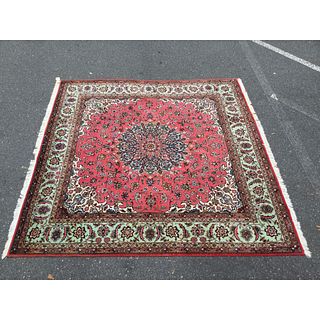 Square Handmade Fine Persian Tabriz Rug Red with Green