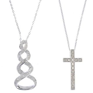 A selection of three diamond and gem-set pendants. To include a 9ct gold diamond cross pendant, a 9c