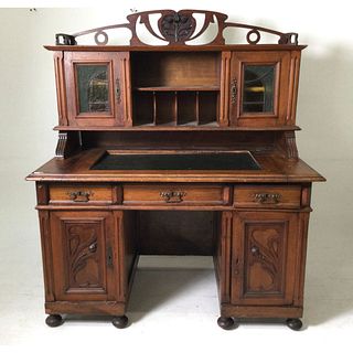 Art Nouveau Secretary Desk with Leaded Doors