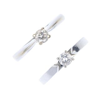 Two diamond single-stone rings. To include an 18ct gold brilliant-cut diamond ring with tapered shou