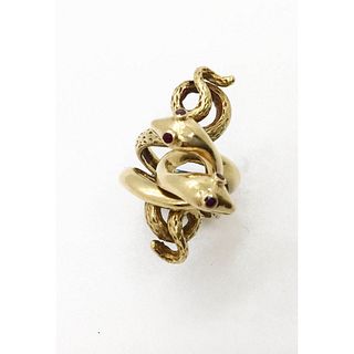 18 kt Gold Snake Ring with Jeweled Eyes