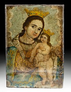 19th C. Spanish Colonial Tin Retablo - Virgin & Child