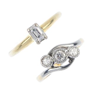 Two diamond rings. To include an 18ct gold rectangular-shape diamond single-stone ring, together wit