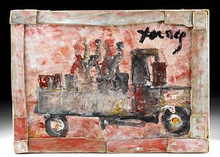 Signed Purvis Young Painting w/ Collage - Truck, 1990s