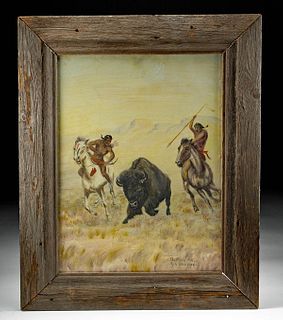 Framed Signed L. ShipShee Painting "Buffalo Kill" 1930s