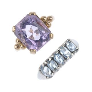 Two 9ct gold diamond gem-set rings. To include a rectangular-shape amethyst single-stone ring with b