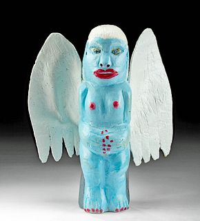 Signed Isaac Smith Painted Wood Bird Angel, 1980s