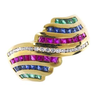 A diamond, ruby, sapphire and emerald dress ring. Designed as a brilliant-cut diamond curved line, w