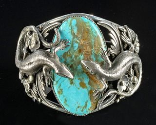 20th C. Navajo Silver & Turquoise Cuff by Curtis John