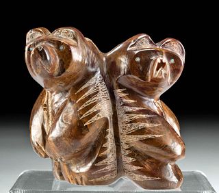 20th C. Zuni Alabaster Stone Double Bear Fetish Carving