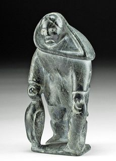 Signed Mid 20th C. Inuit Soapstone Woman with Game