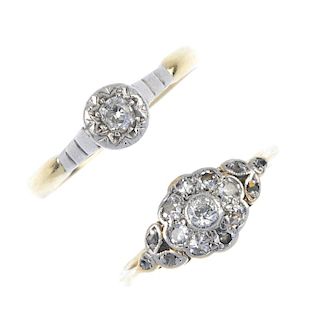 Two early and mid 20th century 18ct gold diamond dress rings. To include a vari-cut diamond floral c