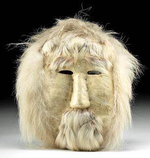 Early 20th C. Inuit Caribou Hide & Wolf Fur Mask
