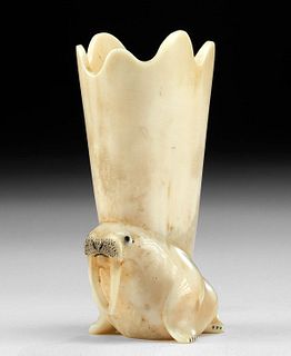 Early 20th C. Inuit Walrus Ivory Toothpick Holder