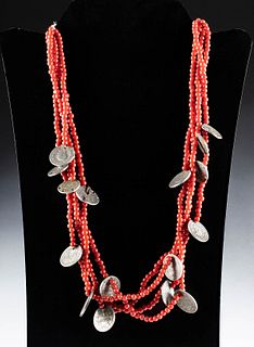 Early 20th C. Ecuadorean Glass Bead & Coin Necklace