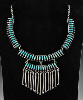 20th C. Zuni Silver & Turquoise Needlepoint Necklace