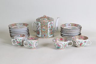 Famille Rose Teapot, Teacups, and Saucers