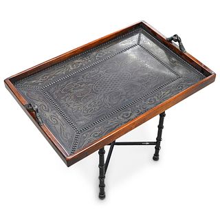 Maitland Smith Leather Embossed Tray with Stand