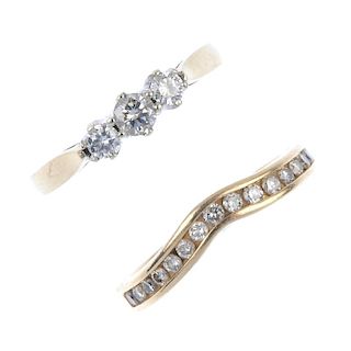 Two diamond rings. To include a 9ct gold brilliant-cut diamond three-stone diamond ring, together wi