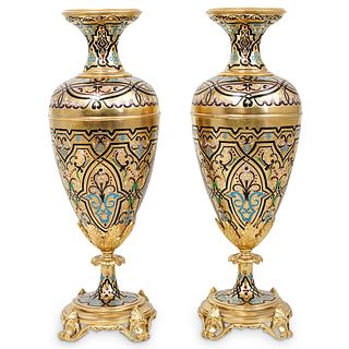 Pair of French Champleve Enamel & Gilt Bronze Vases