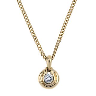 A gold diamond pendant. The brilliant-cut diamond, within a grooved surround, suspended from a 9ct g