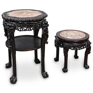 (2Pc) Chinese Stone Inlaid Marble Wood Tables