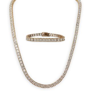 (2 Pc) 14k Gold and Diamond Tennis Bracelet and Necklace