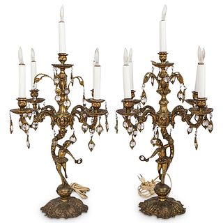 (2 Pc) Antique Bronze Spanish Candelabra Table Lamps