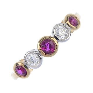 A ruby and diamond five-stone ring. The alternating circular-shape ruby and brilliant-cut diamond li
