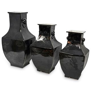 (3 Pc) Chinese Black Porcelain Vases