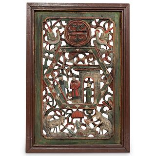 Chinese Polychrome Carved Wood Panel