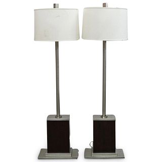 (2 Pc) Modernist Wood and Chrome Floor Lamps
