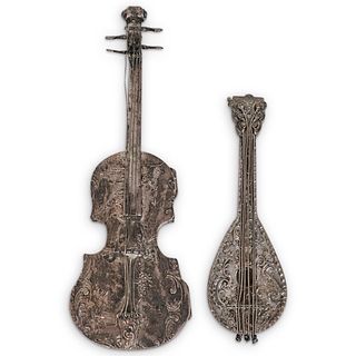 (2 Pc) Silver Miniature Cello & Mandolin Figurines