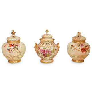 (3 Pc) Royal Worcester Potpourri Vase Porcelain Set