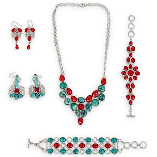 (5Pc) Sterling, Turquoise, & Enemale Jewelry Set
