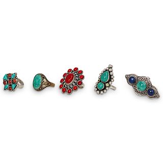 (5 Pc) Navajo Style Sterling and Semi Precious Stone Rings