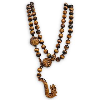 Chinese Beaded Tiger Eye and 14k Gold Necklace
