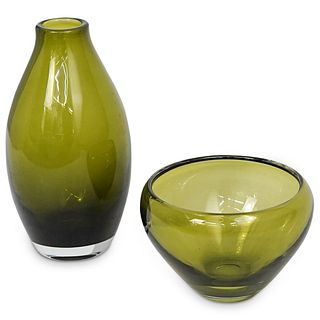 Murano Green Glass Vase & Bowl Set