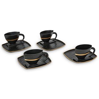 (4) Designer Porcelain Cups with Snack Plates