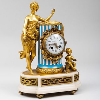 Louis XVI Gilt-Bronze, Porcelain and Marble Mantel Clock, Dial Signed Houdebine A Paris 