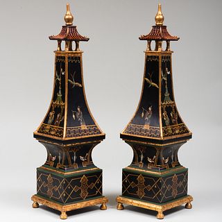 Pair of Black Painted Pagoda Form Obelisk, of Recent Manufacture